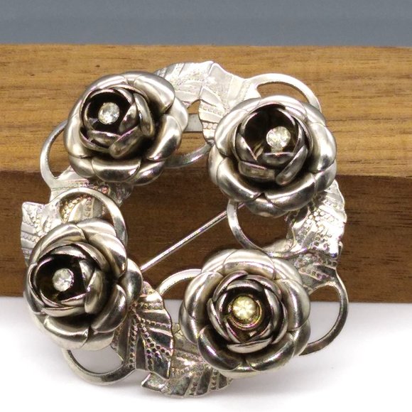 Silver Tone Wreath of Roses Brooch, Floral Circle with Crystal Center Flowers - Picture 3 of 5